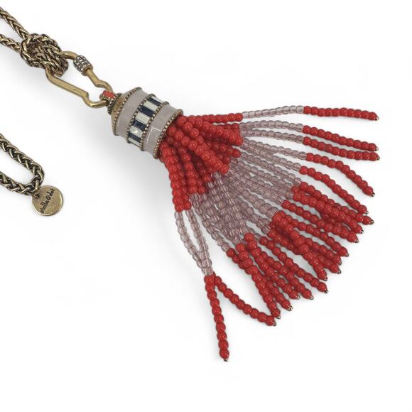Stella and Dot Retired Brio Necklace Coral Red Beaded Tassel Fancy Chain - Picture 2 of 8